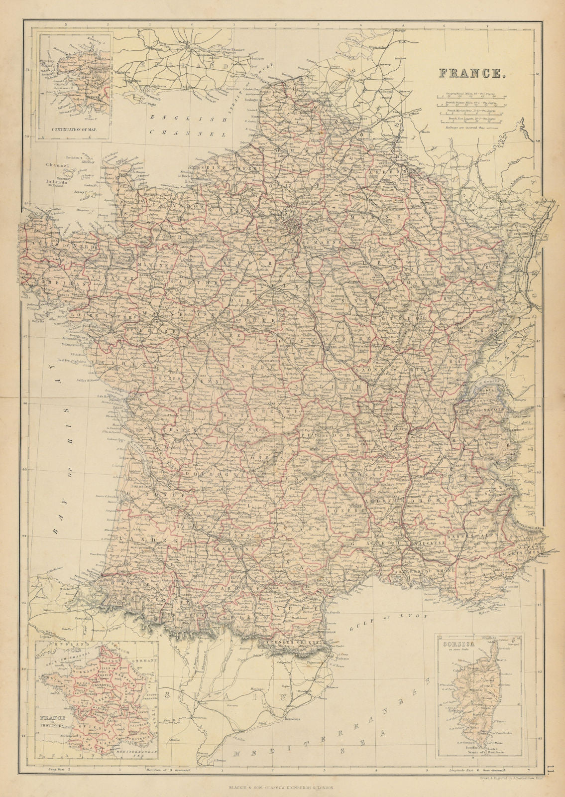 FRANCE. Departements. Railways. Inset in Provinces. BLACKIE 1886 old map